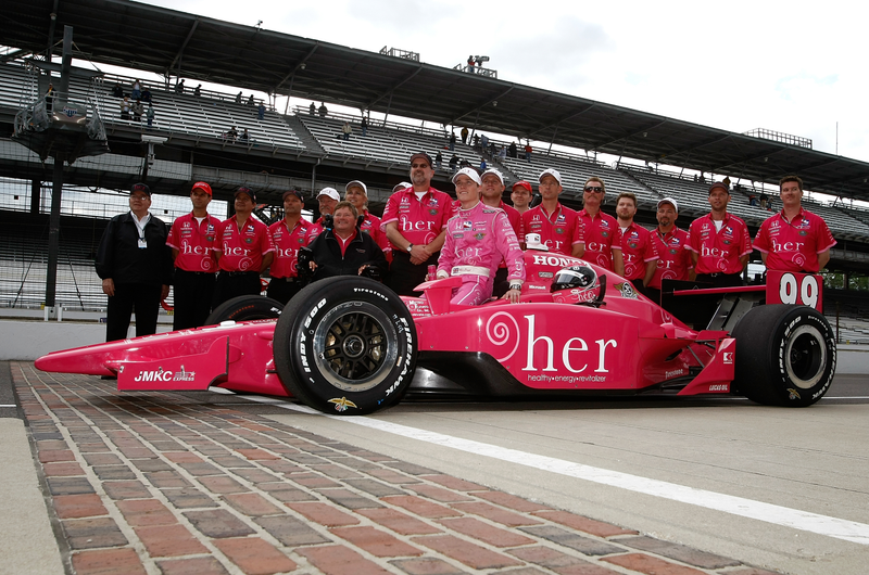 The author again in decidedly pink garb, driving the #99 Chip Ganassi Sam Schmidt Racing Dallara Honda as he poses for his qualifying photo during qualifying for the IRL IndyCar Series 93rd running of the Indianapolis 500 on May 8, 2009. Photo credit Getty Images